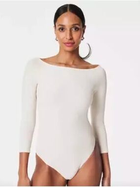 SPANX Cream Long-Sleeve Boatneck Bodysuit